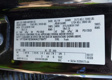 2019 Ford F-150 Lariat z USA, uszkodzony, nr VIN 1FTEW1E5XKKC75977